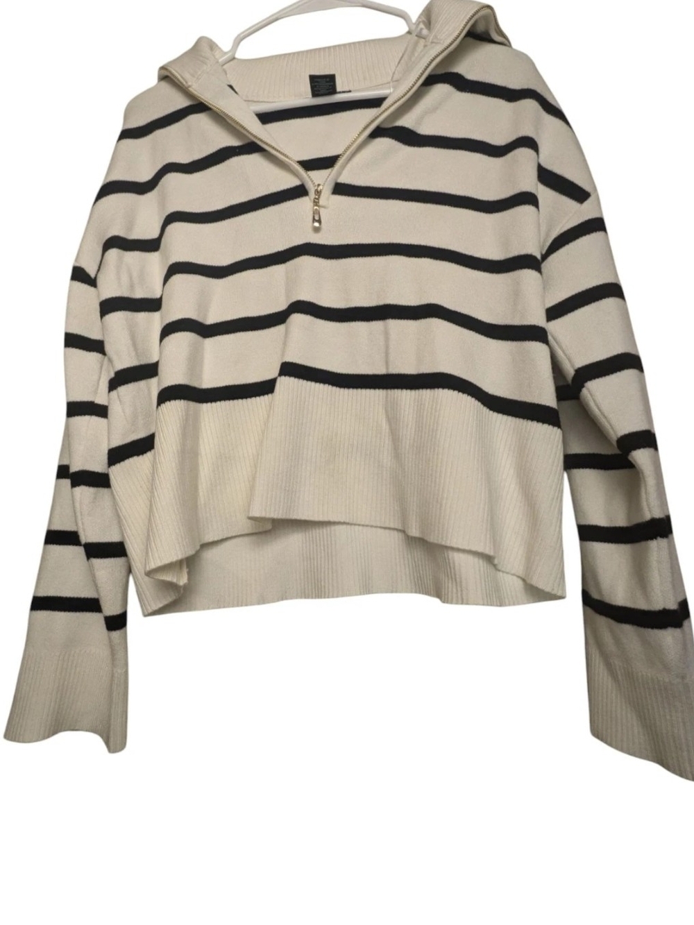 Cynthia Rowley Womens White and Black Striped Zip V-Neck Pullover Sweater Size L